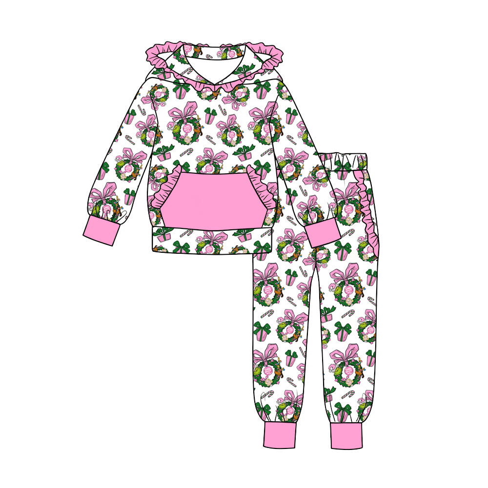 (Preorder new) No moq Baby Girls Christmas Pink Bow Santa Print Long Sleeve Hoodie Jogger Pants Outfit Set
