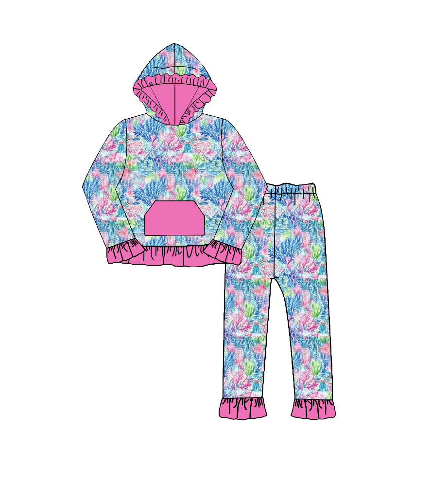 (Preorder new) No moq Baby Girls Floral Bow Print Long Sleeve Hoodie Jogger Pants Outfit Set
