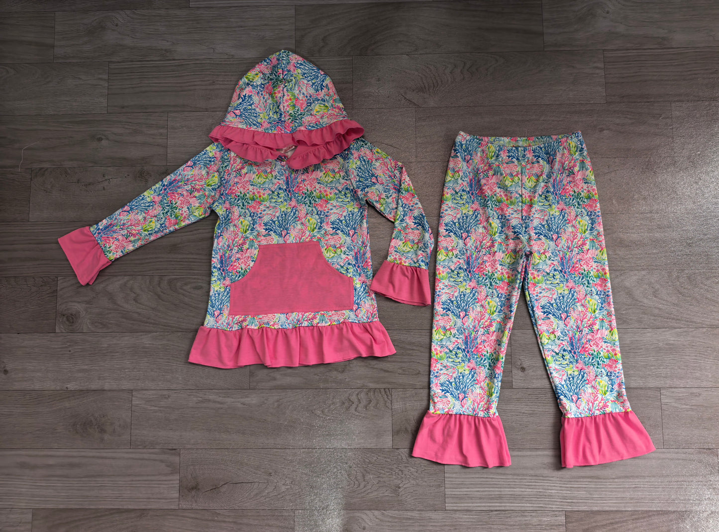 (Sample) No moq milk silk GLP3518 Baby Girls Sea Plants Pocket Ruffle Hoodie Pants Clothes Sets