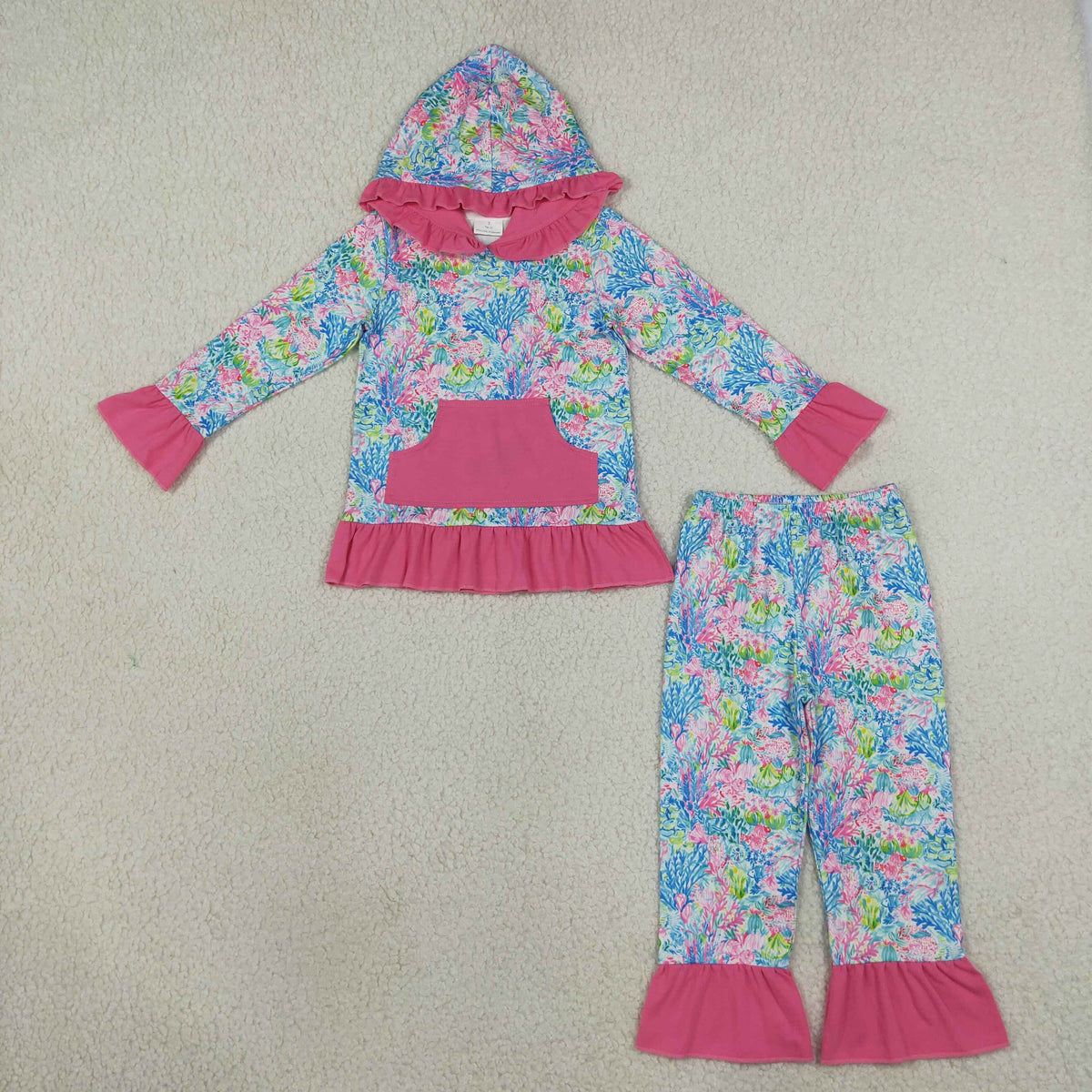 RTS NO MOQ Sibling milk silk Baby Girls Colorful Floral Print Ruffle Hoodie Flare Pant Outfit