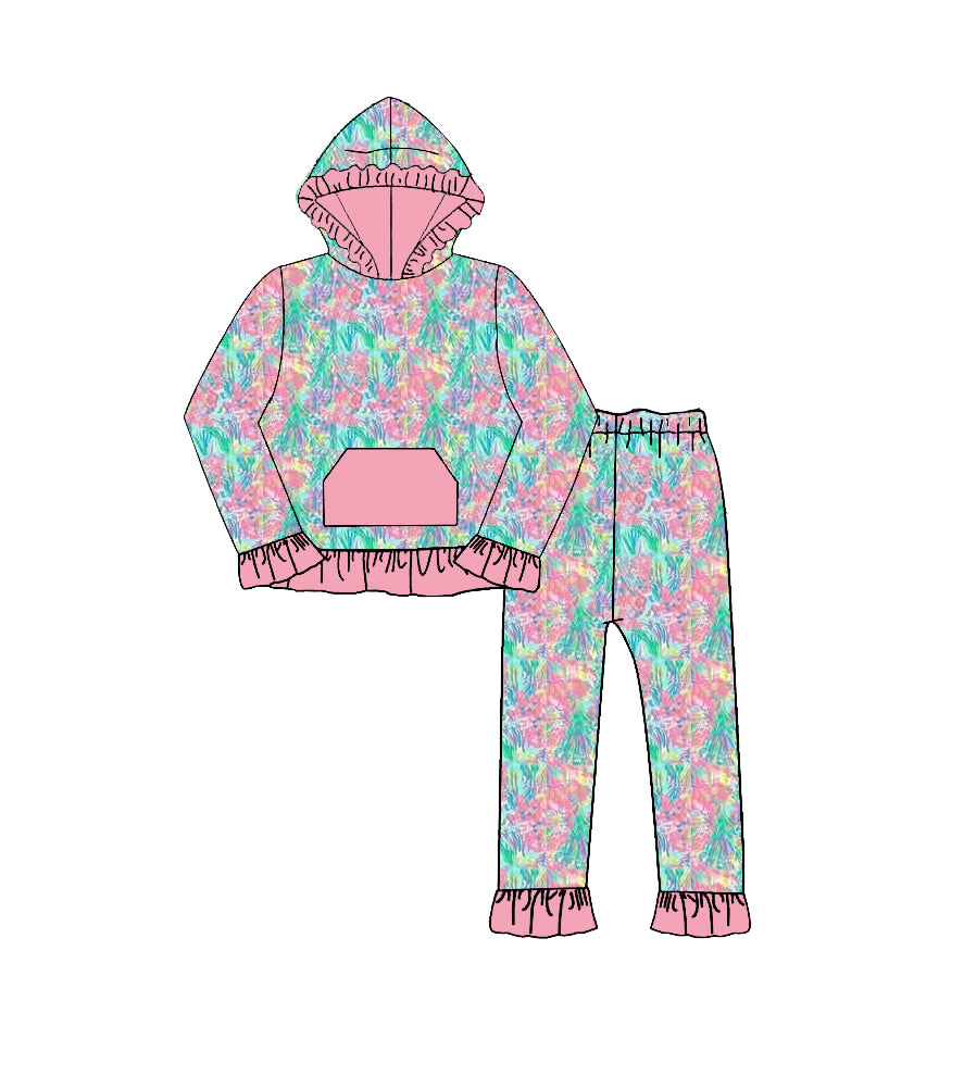 (Preorder new) No moq Baby Girls Floral Bow Print Long Sleeve Hoodie Jogger Pants Outfit Set