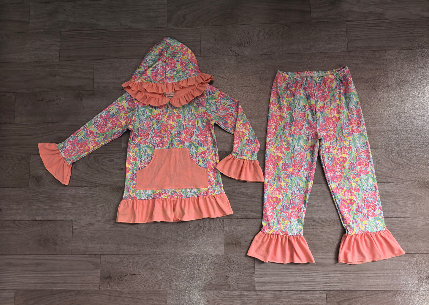 (Sample) No moq milk silk GLP3519 Baby Girls Sea Plants Pocket Ruffle Hoodie Pants Clothes Sets