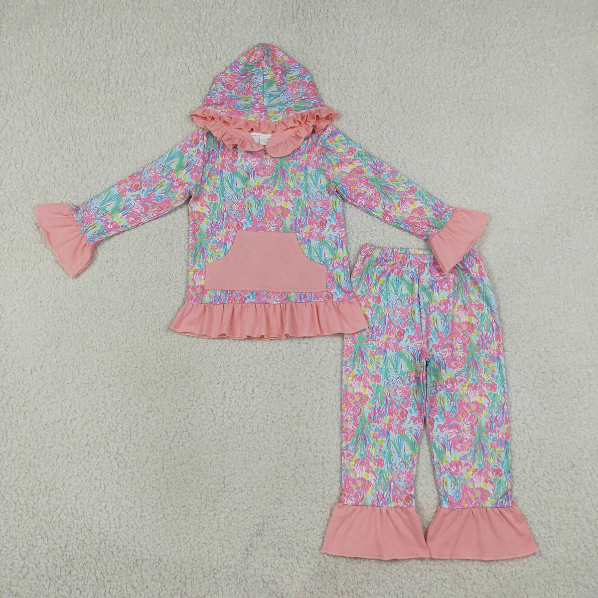 RTS NO MOQ Sibling milk silk Baby Girls Floral Print Ruffle Hoodie Kangaroo Pocket Flare Pants Set