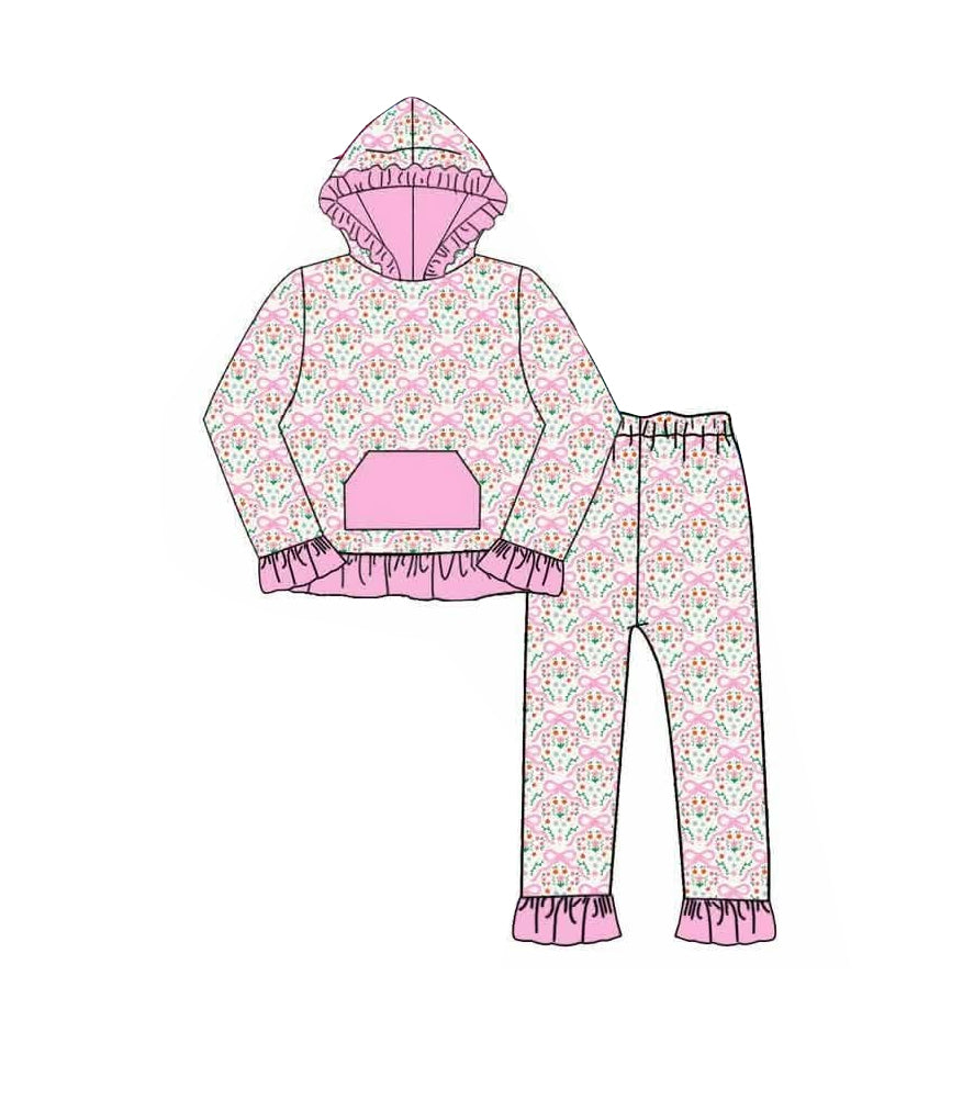 (Preorder new) No moq Baby Girls Floral Bow Print Long Sleeve Hoodie Jogger Pants Outfit Set