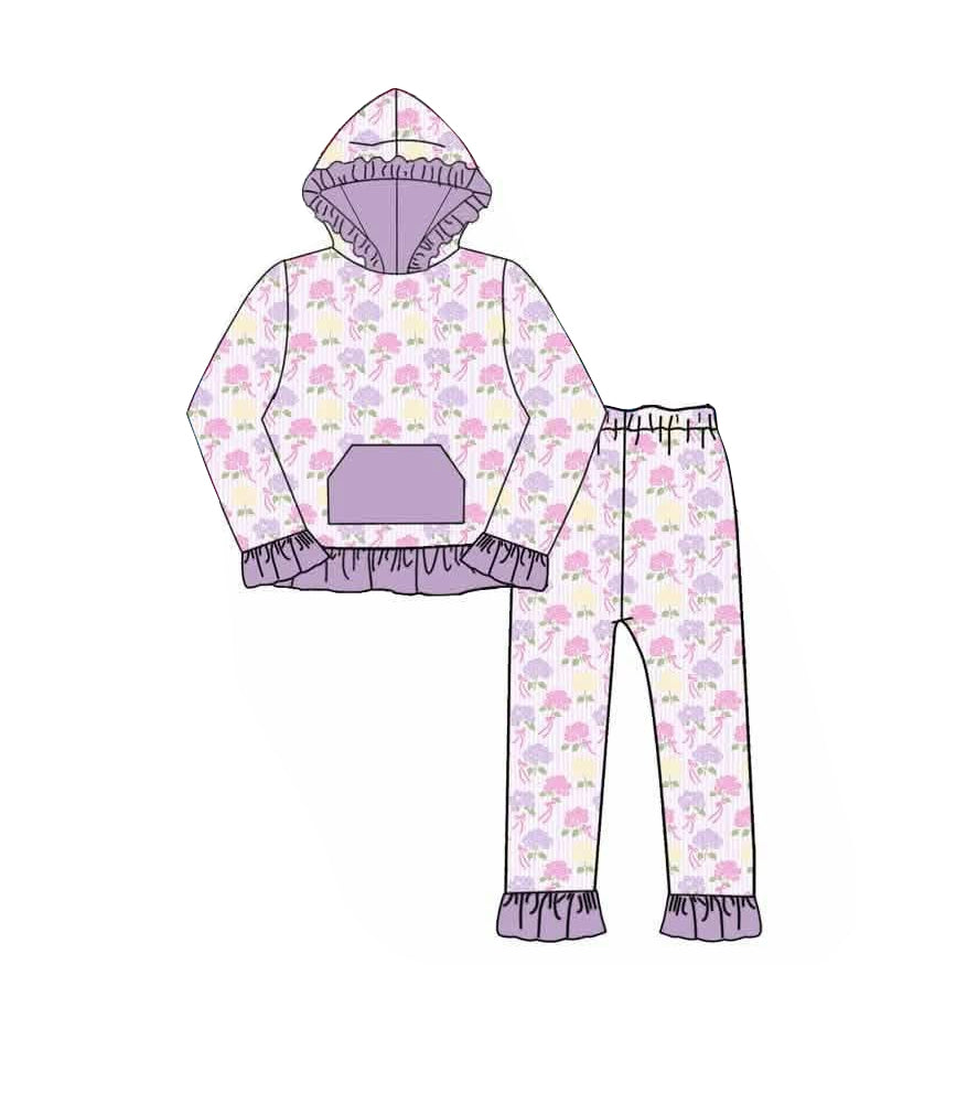 (Preorder new) No moq Baby Girls Floral Bow Print Long Sleeve Hoodie Jogger Pants Outfit Set