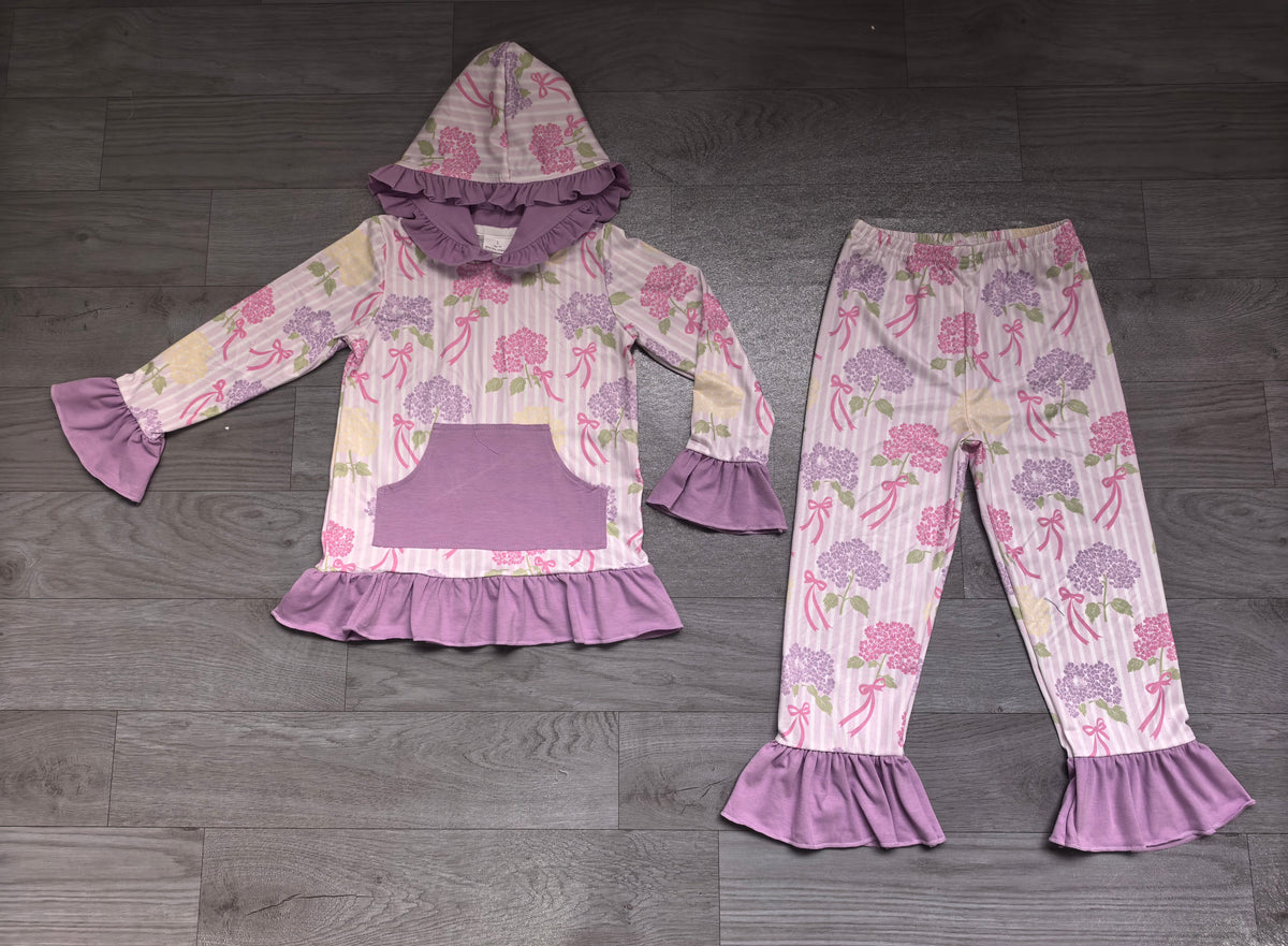 (Sample) No moq milk silk GLP3521 Baby Girls Bows Flowers Pocket Ruffle Hoodie Pants Clothes Sets Casual Daily Outfit