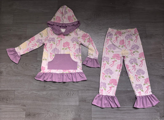 (Sample) No moq milk silk GLP3521 Baby Girls Bows Flowers Pocket Ruffle Hoodie Pants Clothes Sets Casual Daily Outfit