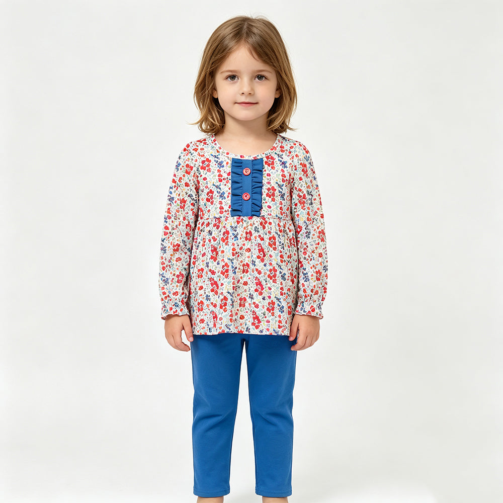 (Sample) No moq milk silk GLP3522 Baby Girls Red Blue Flowers Button Tunic Leggings Casual Outfit
