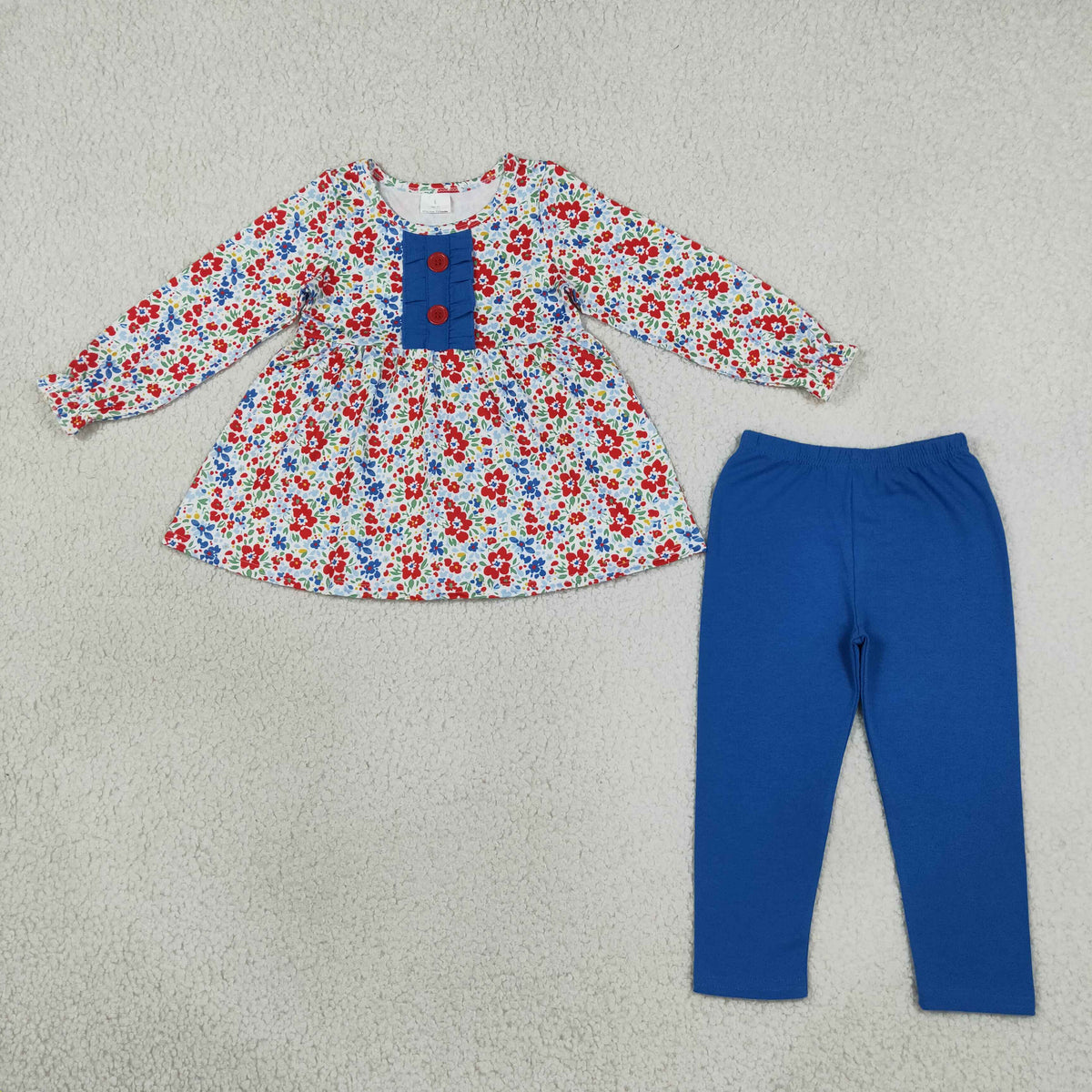 NEW RTS NO MOQ milk silk GLP3522 Baby Girls Red Blue Flowers Button Tunic Leggings Casual Set