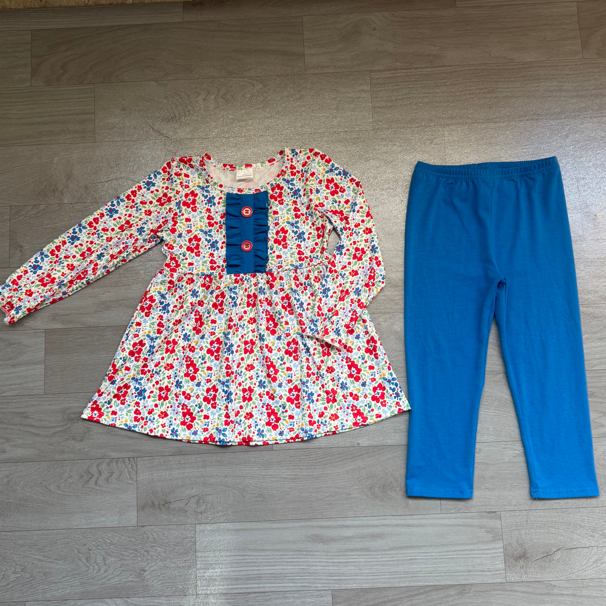 (Sample) No moq milk silk GLP3522 Baby Girls Red Blue Flowers Button Tunic Leggings Casual Outfit