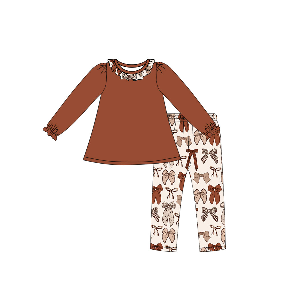 (Preorder new) No moq Baby Kids Brown Bow Print Long Sleeve Pant Outfit Set Matching Long Sleeve Romper