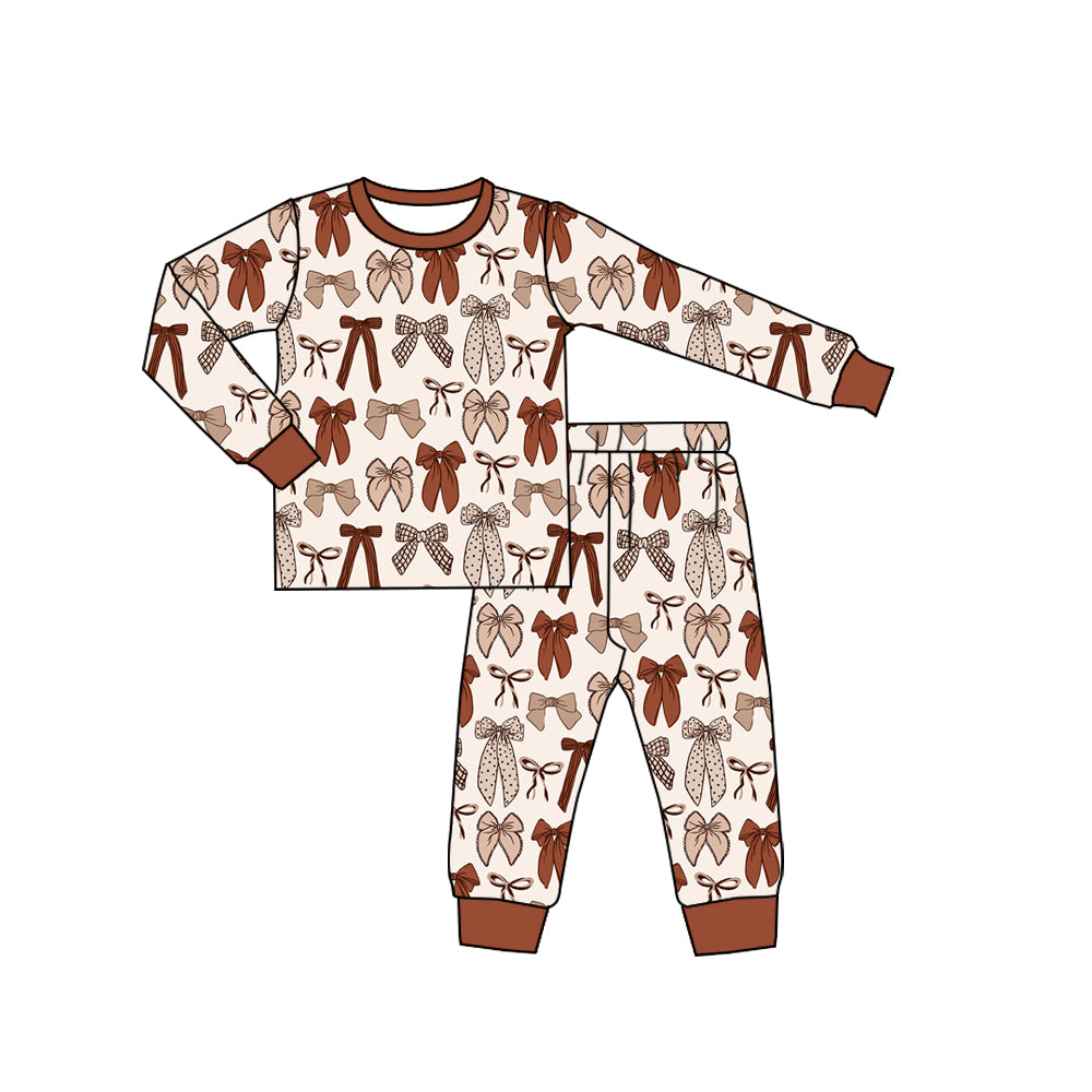 (Preorder new) No moq Baby Kids Brown Bow Print Long Sleeve Pant Outfit Set Matching Long Sleeve Romper