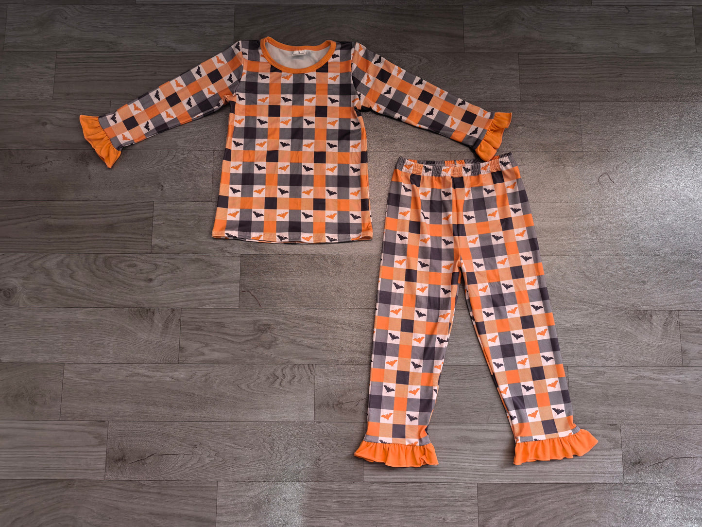 (Sample) No moq milk silk GLP3533 Baby Girls Halloween Checked Bat Print Long Sleeve Top Matching Ruffle Hem Pants Pajamas Loungewear Set