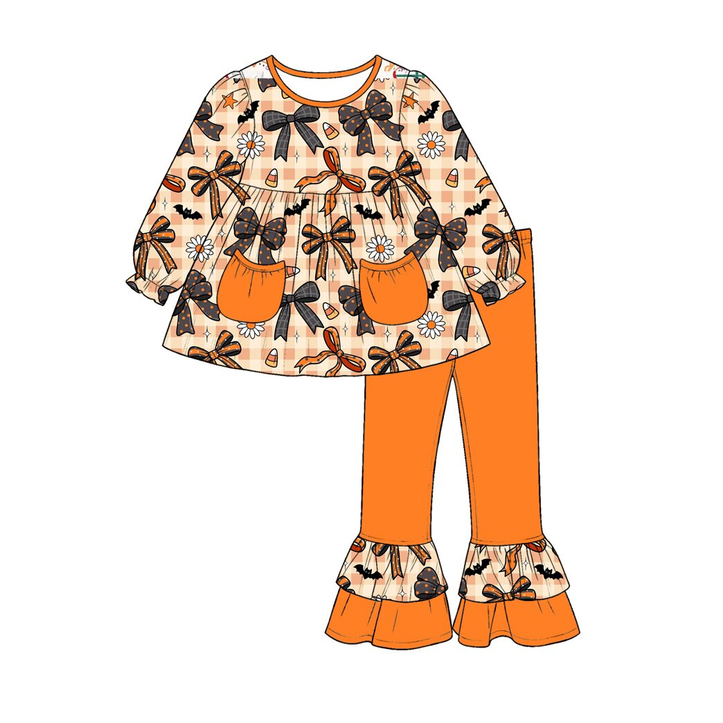 (Preorder new) No moq Baby Girls Halloween Plaid Bow Flower Print Tunic Top Ruffle Pant Set Dress Rompers