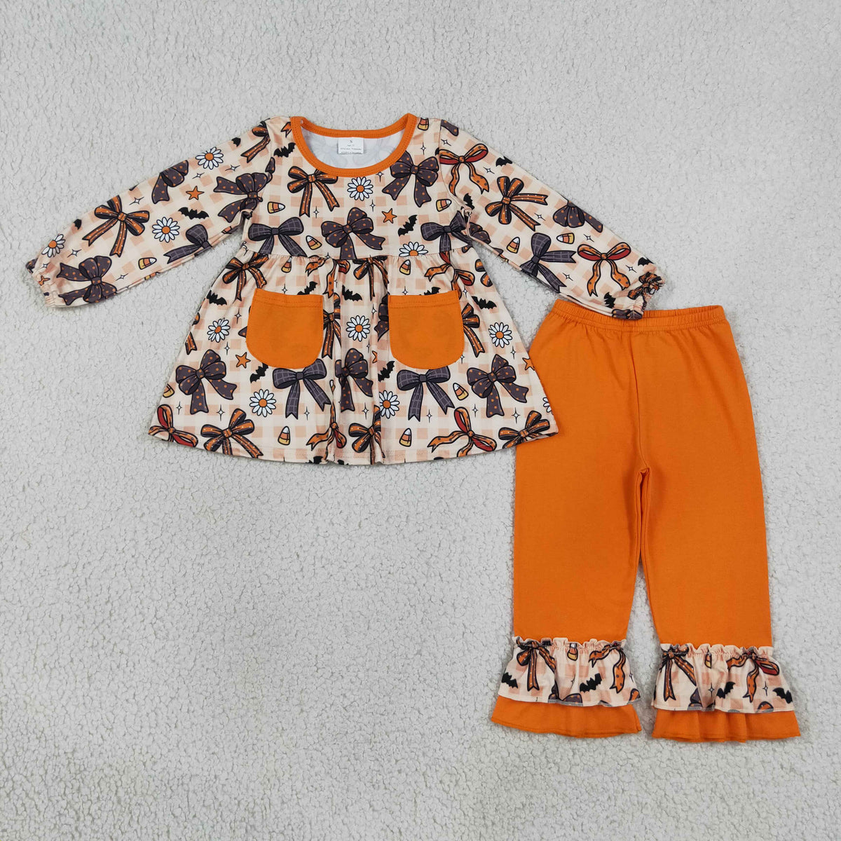 RTS NO MOQ Sibling milk silk Baby Girls Bats Flowers Pockets Tunic Ruffle Pant Halloweens Clothes Sets Fall Holiday Outfit Dress