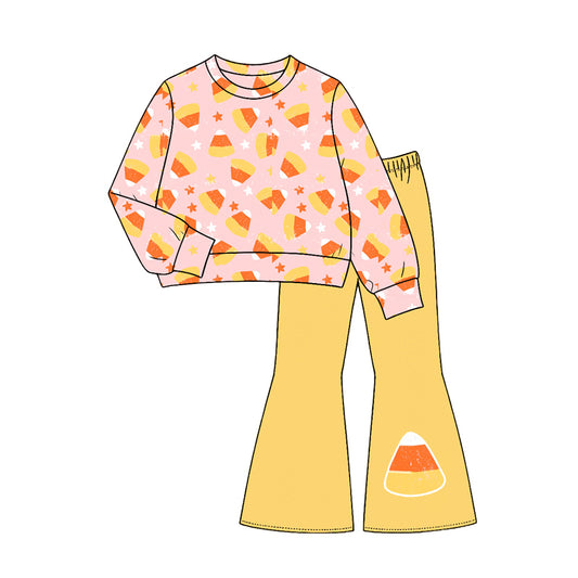 (Preorder new) No moq GLP3535 Baby Girls Pink Print Long Sleeve Top Yellow Flare Pants Halloween Set