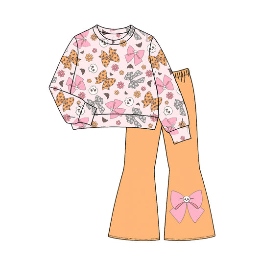(Preorder new) No moq GLP3536 Baby Girls Pink Skull Bow Floral Print Long Sleeve Top Orange Flare Bell Bottom Pants Set