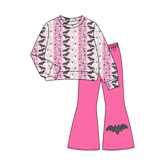 (Preorder new) No moq GLP3537 Baby Girls Pink Ghost Bat Floral Striped Print Long Sleeve Top Hot Pink Flare Bell Bottom Pants Set