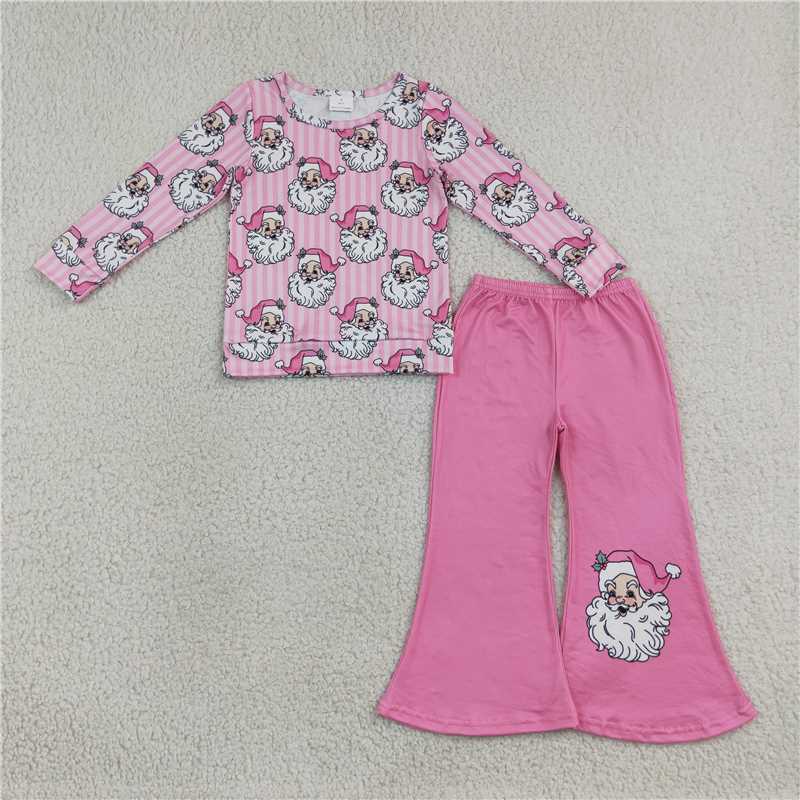 RTS NO MOQ Sibling milk silk Baby Girls Casual Pink Stripe Santa Long Sleeve Top Flare Pant Christmas Clothes Sets