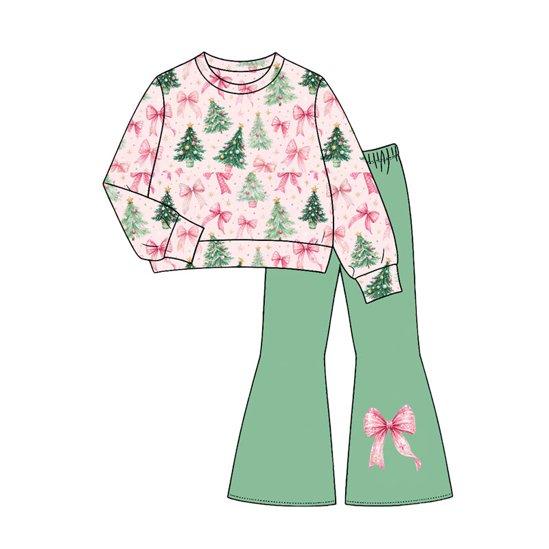 (Preorder new) No moq GLP3539 Baby Girls Christmas Tree Bow Print Long Sleeve Top Flare Pants Christmas Set