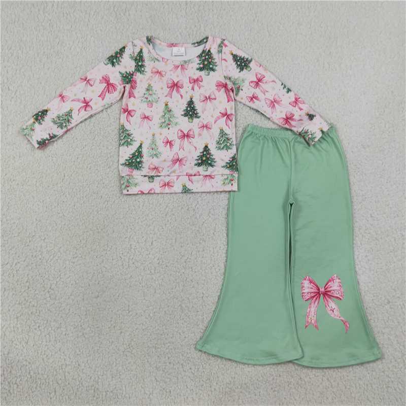 RTS NO MOQ Sibling milk silk Baby Girls Casual Pink Stripe Santa Long Sleeve Top Flare Pant Christmas Clothes Sets