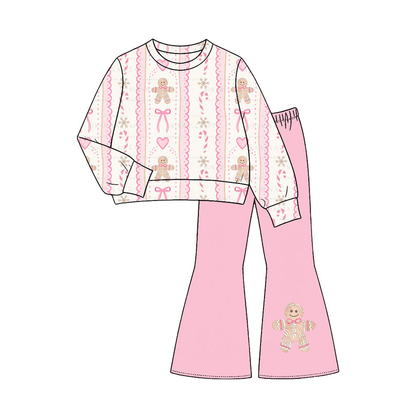 (Preorder new) No moq GLP3540 Baby Girls Pink Gingerbread Man Candy Cane Bow Print Long Sleeve Top Pink Flare Bell Bottom Pants Christmas Set