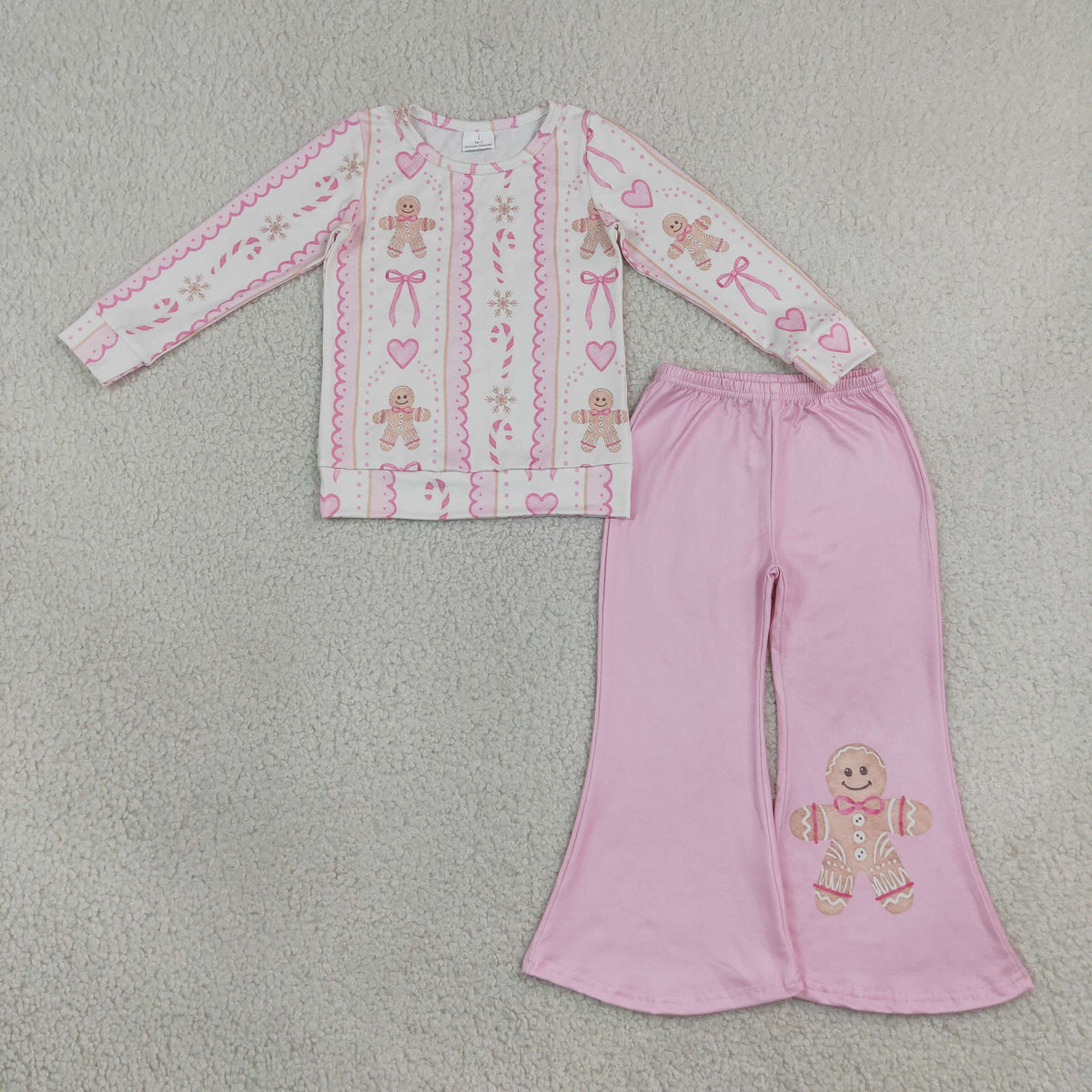 NEW RTS NO MOQ milk silk GLP3540 Baby Girls Pink Gingerbread Candy Cane Bow Print Long Sleeve Top Pink Flare Bell Bottom Pants Christmas Outfit
