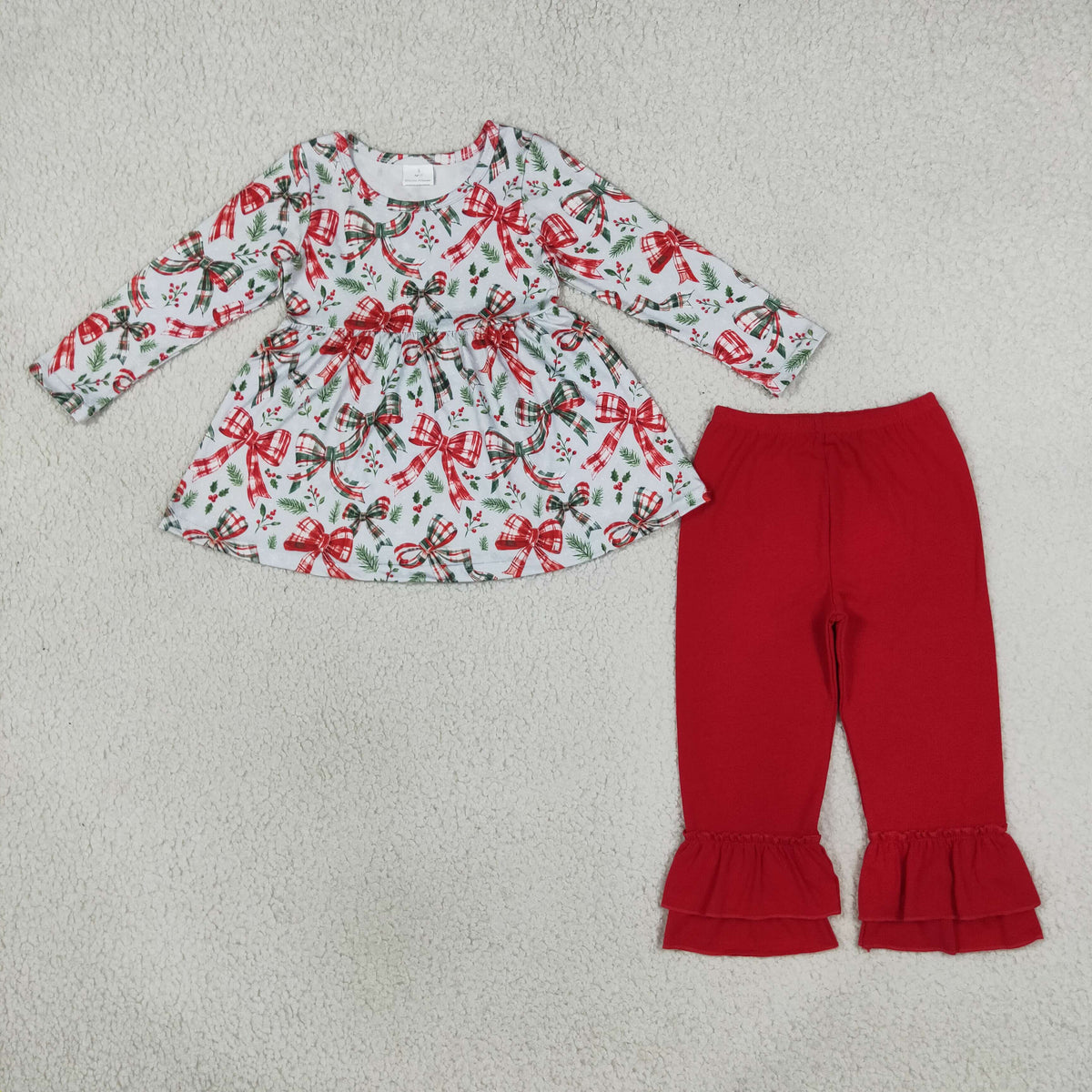 NEW RTS NO MOQ milk silk GLP3541 Baby Girls Red Green Plaid Check Bow Holly Leaf Print Long Sleeve TopRuffle Hem Long Pants Christmas Daily Set