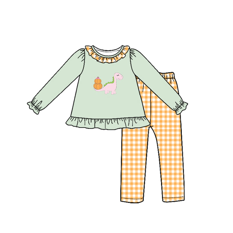 (Preorder new) No moq Baby Girls Boys Mint Green Pink Dinosaur Pumpkin  Long Sleeve Top Pants Set  Rompers