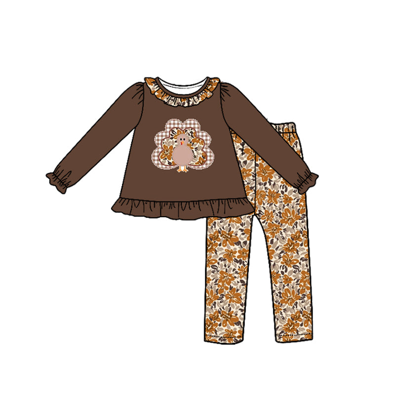 (Preorder new) No moq Baby Girls Boys Brown Plaid Turkey Long Sleeve Top Pants Set Rompers