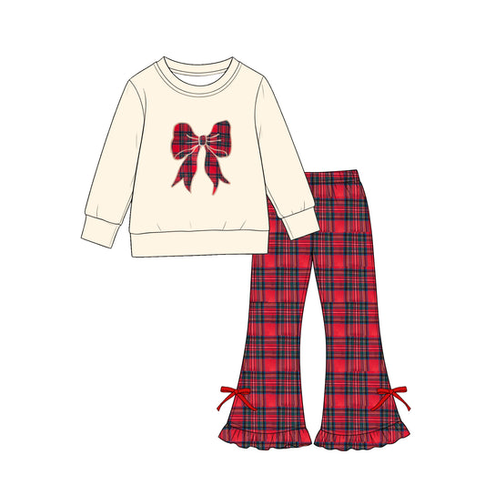 (Preorder new) No moq GLP3547 Baby Girls Red Plaid Bow Cream Long Sleeve Top Red Tartan Ruffle Bow Flare Bell Bottom Pants Set