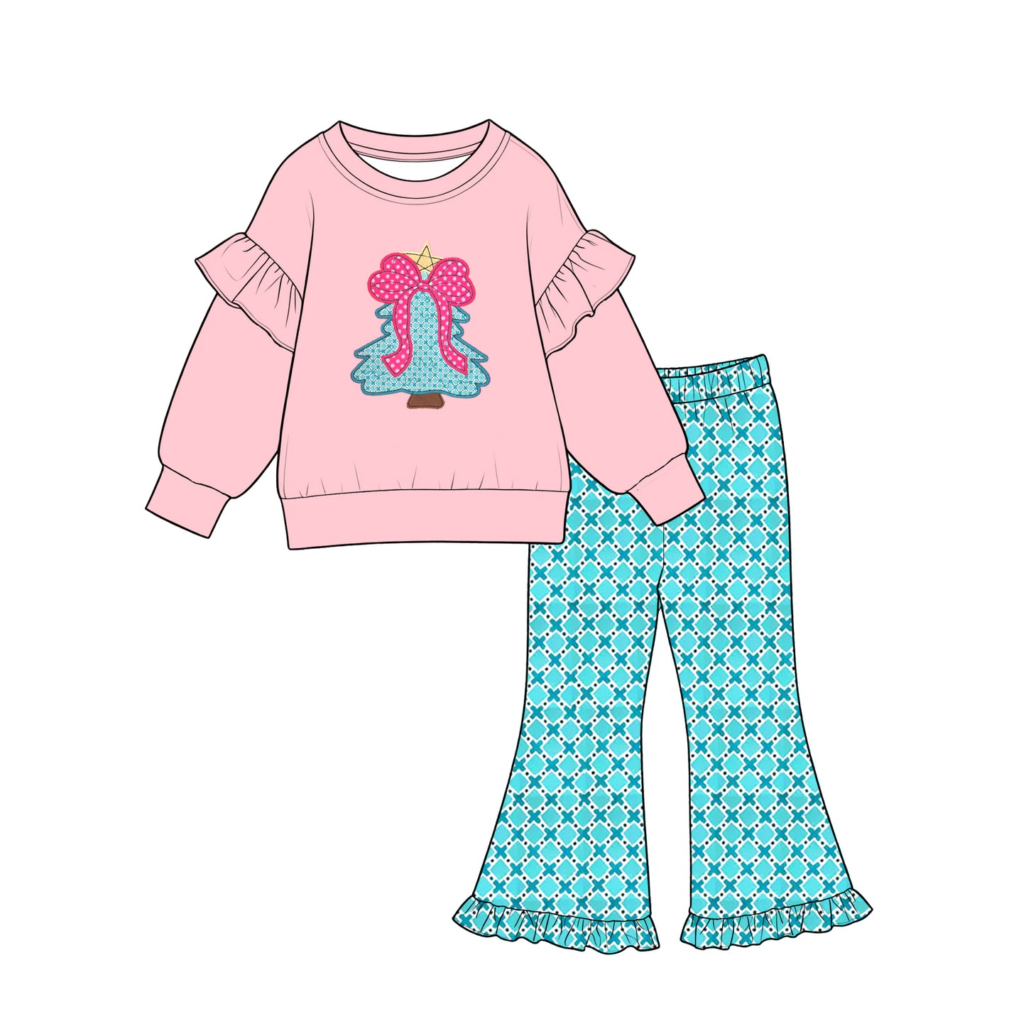 (Preorder new) No moq GLP3548 Baby Girls Christmas Tree Bow Pink Ruffle Sleeve Top Turquoise Lattice Ruffle Flare Pants Set
