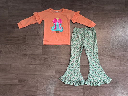 (Sample) No moq milk silk GLP3548 Embroidery Baby Girls Christmas Tree Bow Pink Ruffle Sleeve Top Turquoise Lattice Ruffle Flare Pants Set