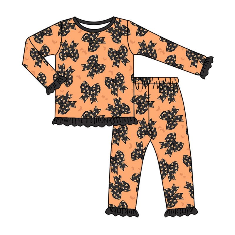 (Preorder new) No moq Baby Girls Orange Halloween Bow Print Long Sleeve Ruffle Top Ruffle Pant Pajamas Set Dress Rompers Blankets