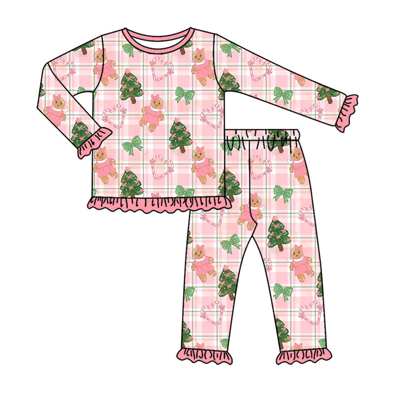 (Preorder new) No moq Baby Girls Pink Plaid Gingerbread Girl Christmas Ruffle Long Sleeve Top Pants Pajama Set Dress Rompers Blankets