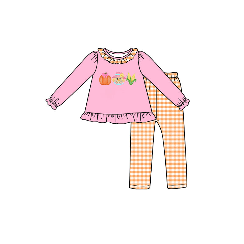 (Preorder new) No moq Baby Girls Boys Fall  Pumpkin Corn Print Long Sleeve Top Orange Gingham Pants Two Piece Outfit Set Rompers