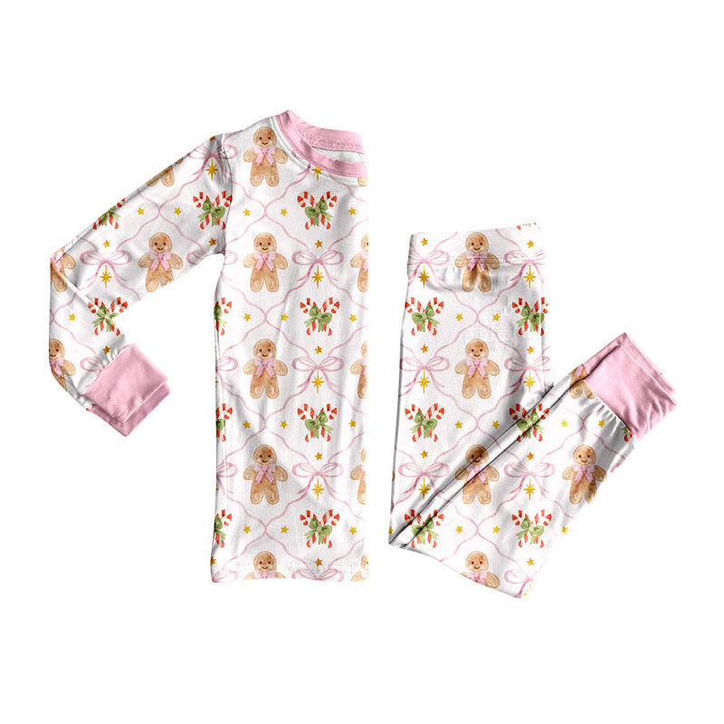 (Preorder new) No moq Baby Girls Pink Trim Gingerbread Man Candy Cane Print Long Sleeve Two Piece Christmas Pajama Set