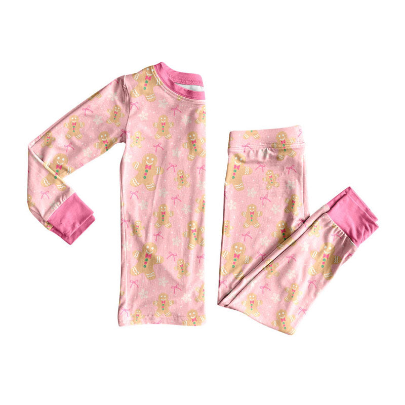 (Preorder new) No moq Baby Girls Pink Trim Gingerbread Man Candy Cane Print Long Sleeve Two Piece Christmas Pajama Set