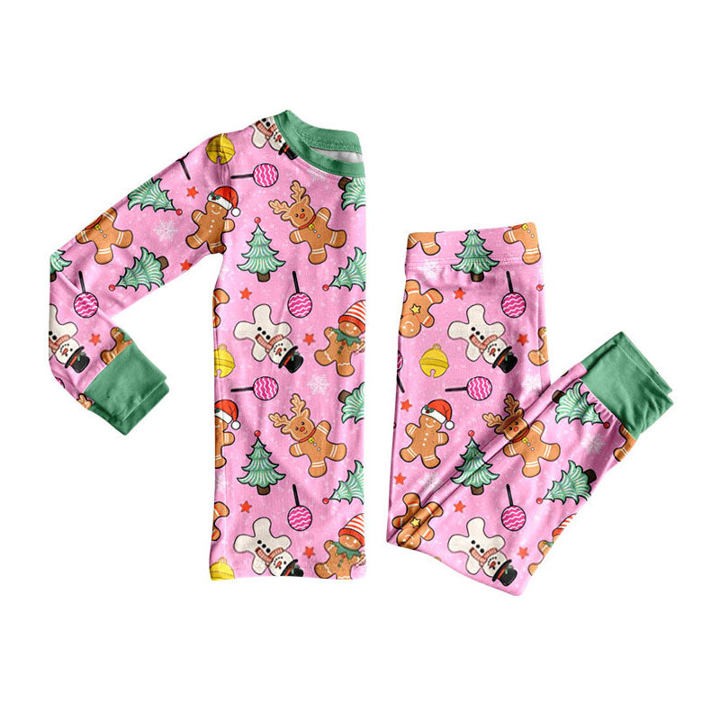 (Preorder new) No moq Baby Girls Pink Trim Gingerbread Man Candy Cane Print Long Sleeve Two Piece Christmas Pajama Set