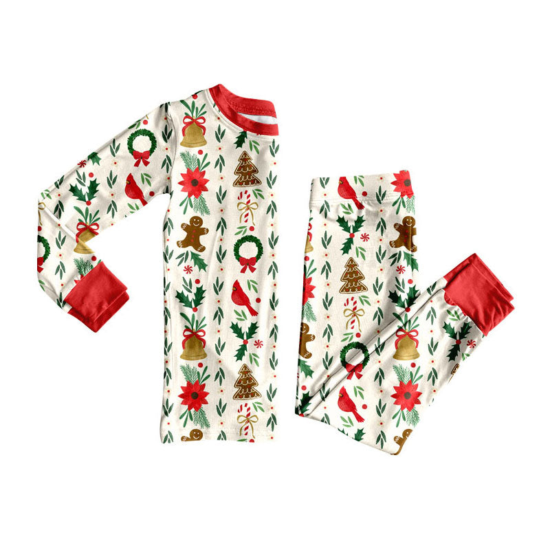 (Preorder new) No moq Baby Girls Pink Trim Gingerbread Man Candy Cane Print Long Sleeve Two Piece Christmas Pajama Set