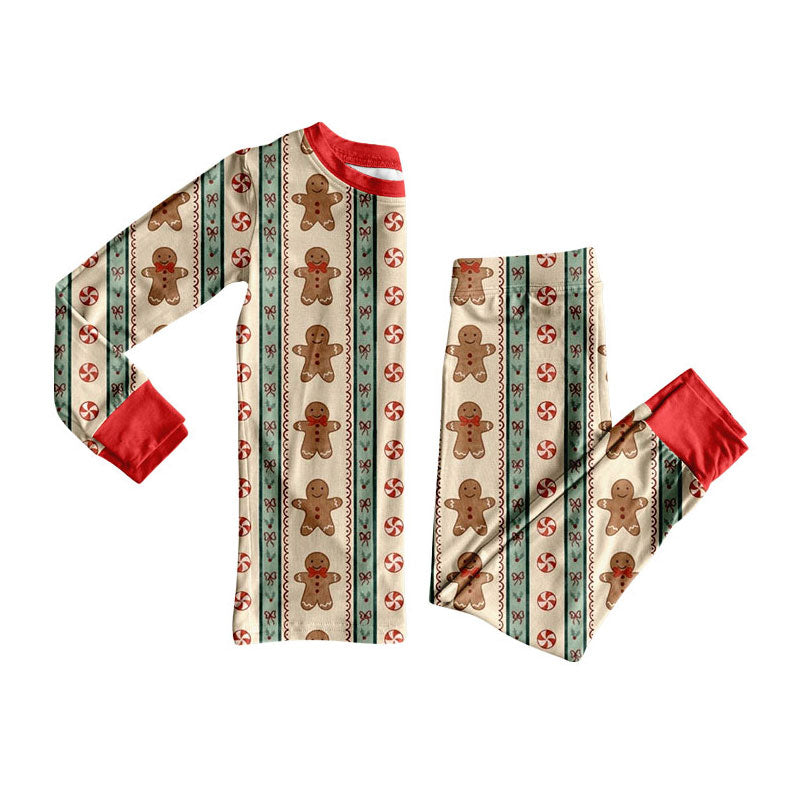 (Preorder new) No moq Baby Girls Pink Trim Gingerbread Man Candy Cane Print Long Sleeve Two Piece Christmas Pajama Set
