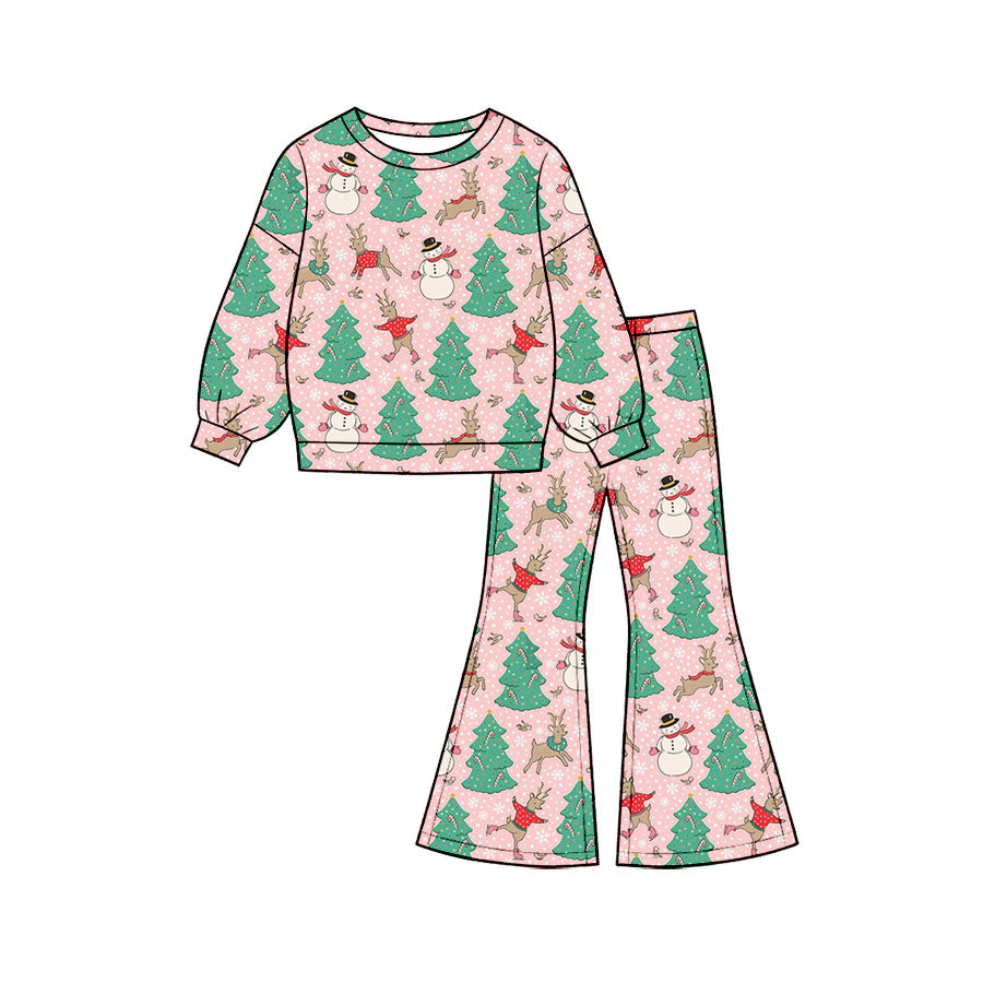(Preorder new) No moq Baby Girls Boys Snowman Tree Deer Print Pocket Top Matching Pants Christmas Clothes Set Rompers Blankets