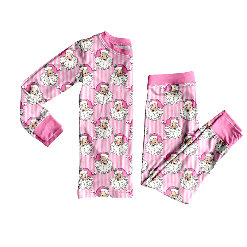 (Preorder new) No moq Baby Girls Christmas Pink Striped Santa Claus Print Long Sleeve Top And Pants Pajama Set Rompers