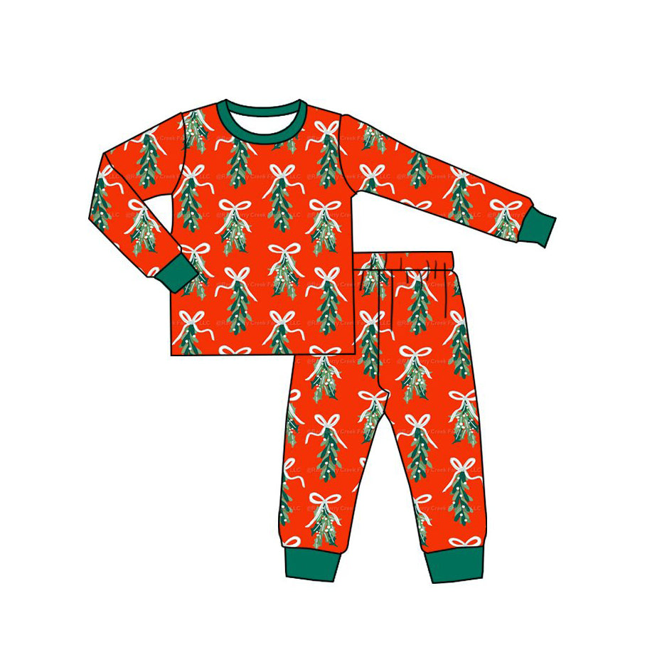 (Preorder new) No moq Baby Girls Christmas Bow Print Long Sleeve Top And Pants Pajama Set Rompers Dress Blankets Red Base Family Holiday Sleepwear