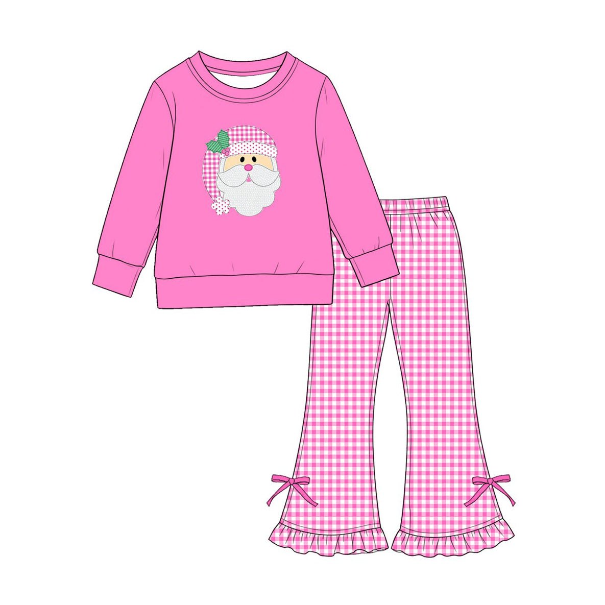 (Preorder new) No moq Baby Girls Pink Santa Claus Print Long Sleeve Sweatshirt Pink Gingham Ruffle Bow Flare Pants Set Rompers