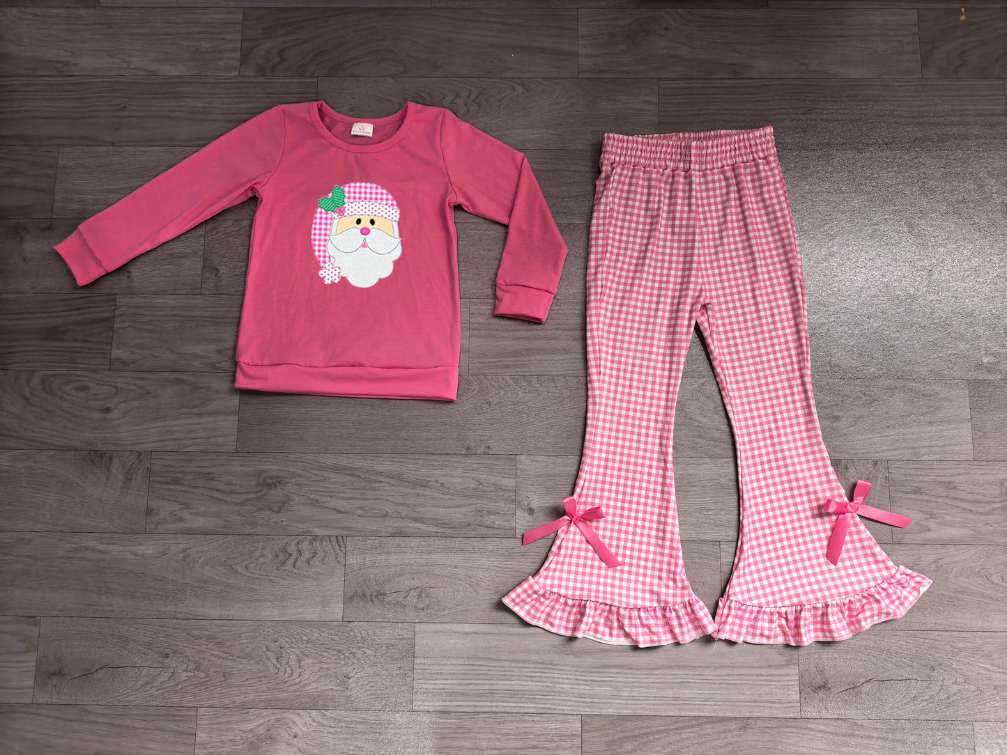 (Sample) No moq milk silk GLP3561 Embroidery Baby Girls Holly Santa Top Checked Flare Pant Christmas Clothes Sets