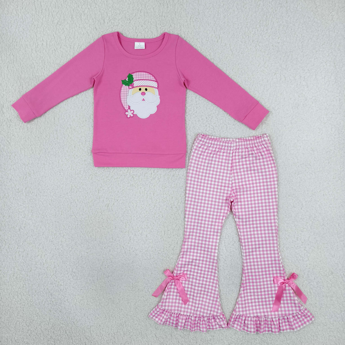 NEW RTS NO MOQ milk silk GLP3561 Embroidery Santa Baby Girls Holly Santa Long Sleeve Top Checked Flare Pant Casual Christmas Outfit