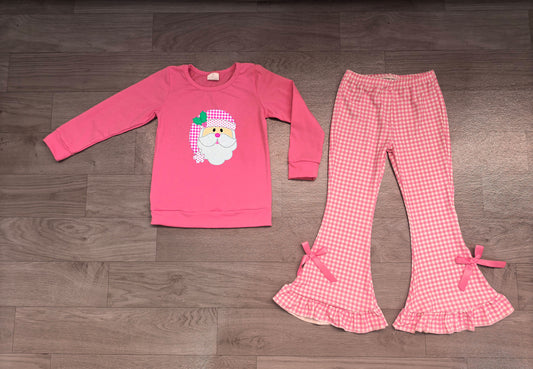 (Sample) No moq milk silk GLP3561 Embroidery Baby Girls Holly Santa Top Checked Flare Pant Christmas Clothes Sets