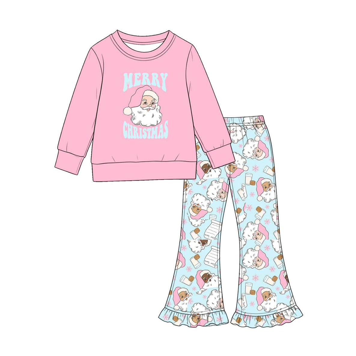 (Preorder new) No moq Baby Girls Merry Christmas Santa Print Pink Long Sleeve Sweatshirt Light Blue Santa Milk Cookie Ruffle Flare Pants Set Rompers