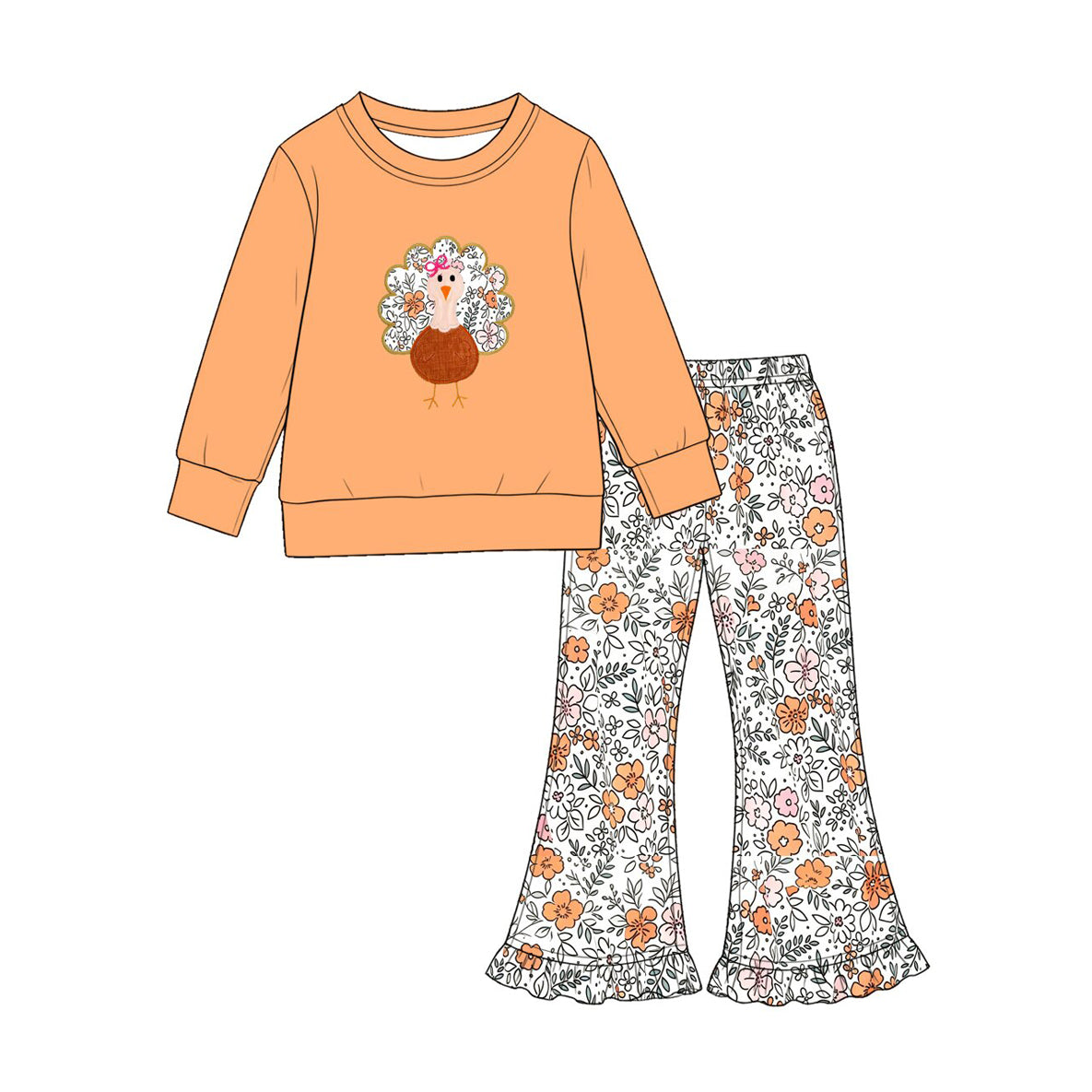 (Preorder new) No moq Baby Girls Thanksgiving Turkey Print Orange Long Sleeve Sweatshirt Floral Print Ruffle Flare Pants Set Rompers